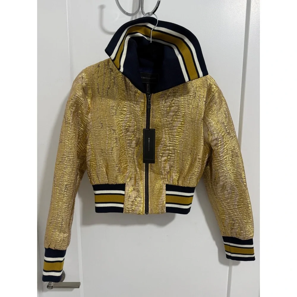 BCBGMAXAZRIA‎ Gold Metallic Bomber Jacket Varsity Striped Collar XXS NWT